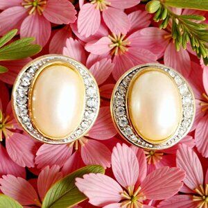 MONET Vintage Oval Pearl Gold Tone Clear Rhinestone Earrings